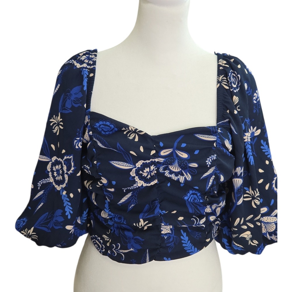 Sienna Sky Navy‎ Floral Smocked Square Neck Puff Sleeve Crop Top Blouse M